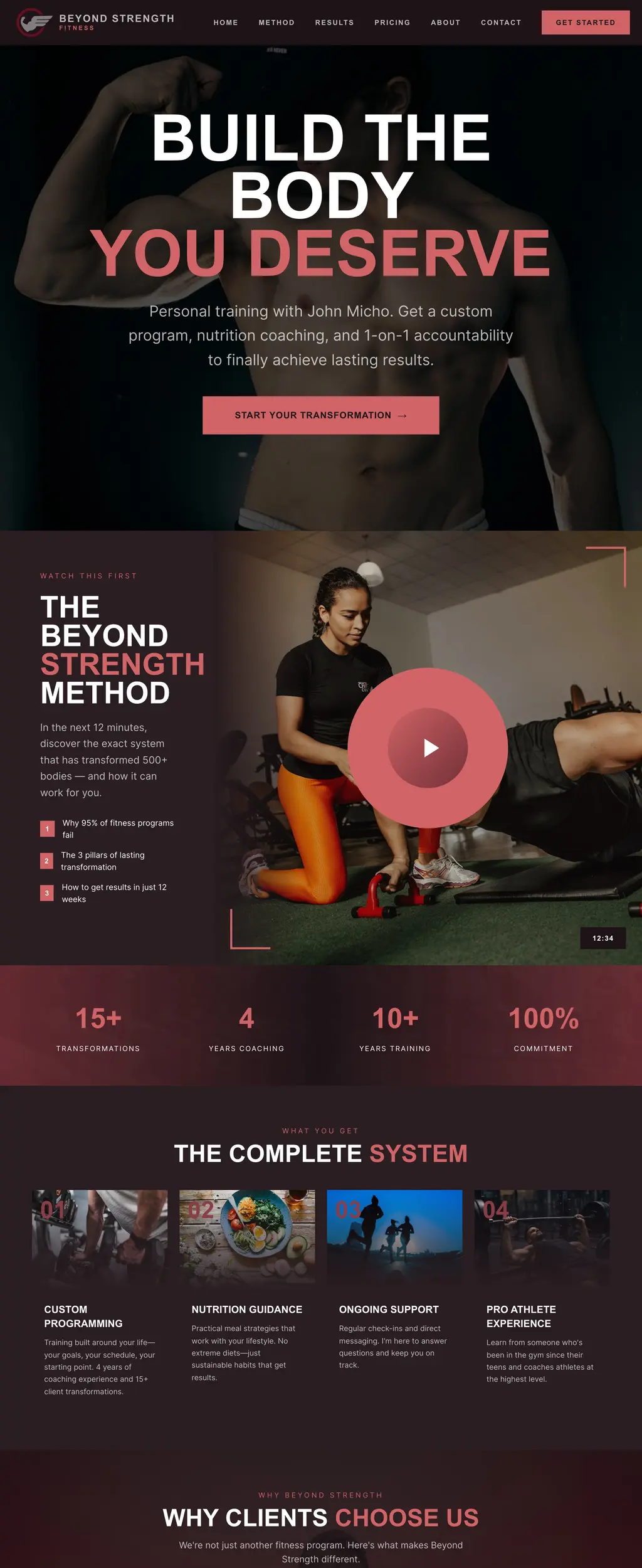 Beyond Strength Fitness website homepage featuring training programs and client transformations
