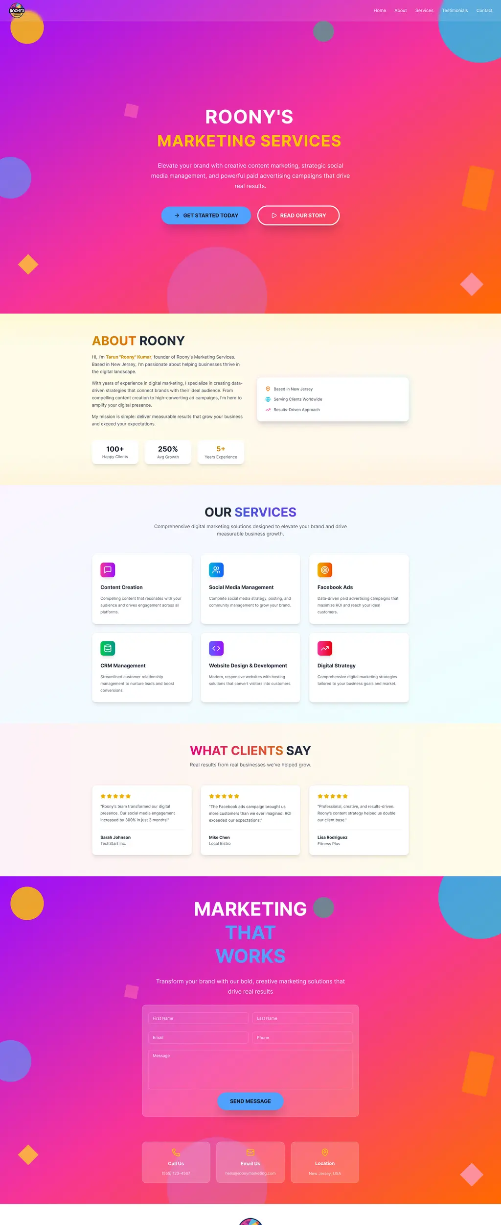 Roony's Marketing website homepage showcasing social media marketing services