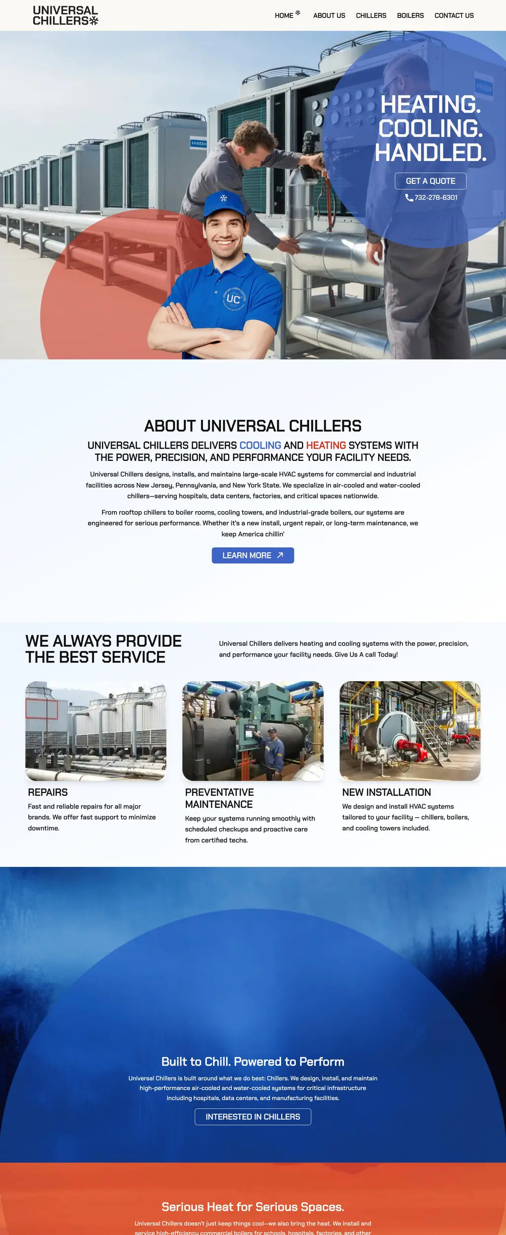 Universal Chillers website homepage showcasing industrial chiller equipment
